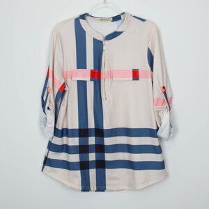 Moyabo Womens Mock Neck 1/2 Zip Pullover Top Size XL‎ Roll Tab Sleeve Artsy